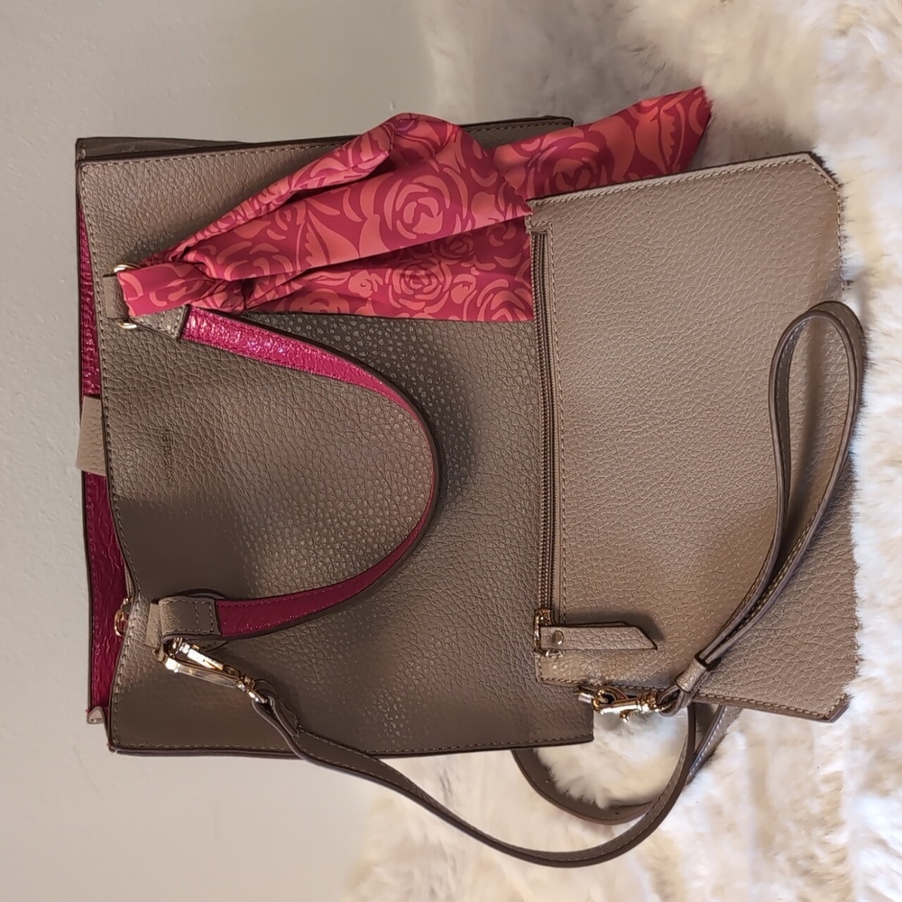Anne Klein|Taupe Pop Satchel & Wallet + Scarf Tote Hot Pink Details Long Strap